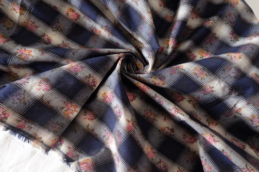 Navy Floral Plaid Cotton Fabric – 2.19 yd