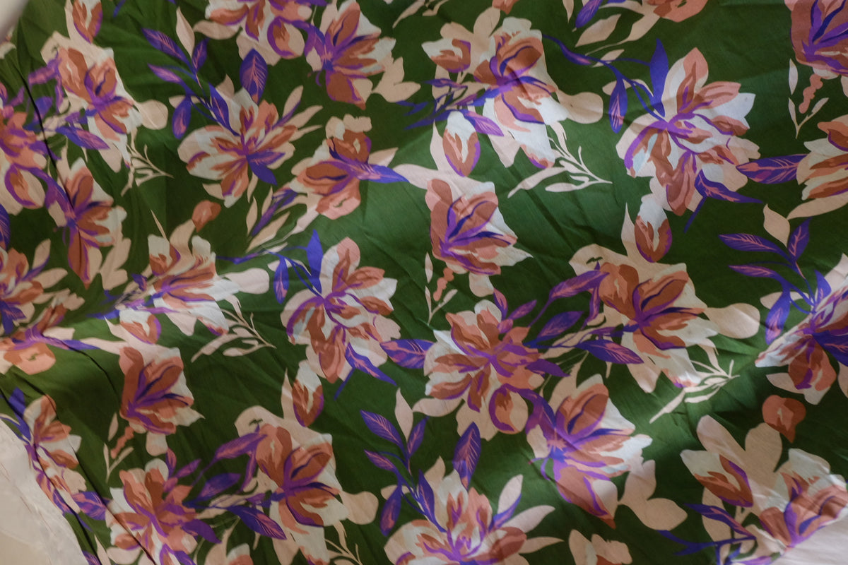 Forest Green & Lilac Floral Cotton Lawn Fabric – 2.5 yd