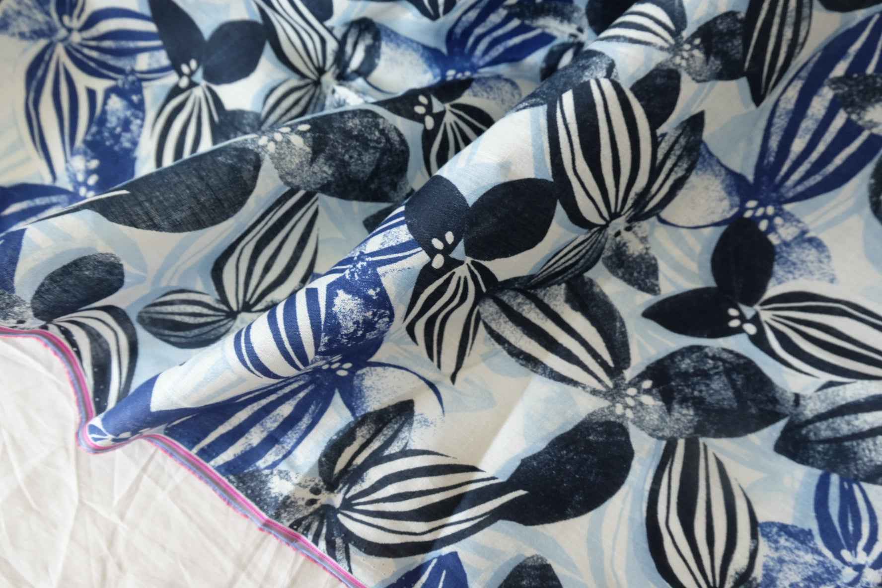 Blue Black Floral Heavy Pure Linen — 2.19 yd