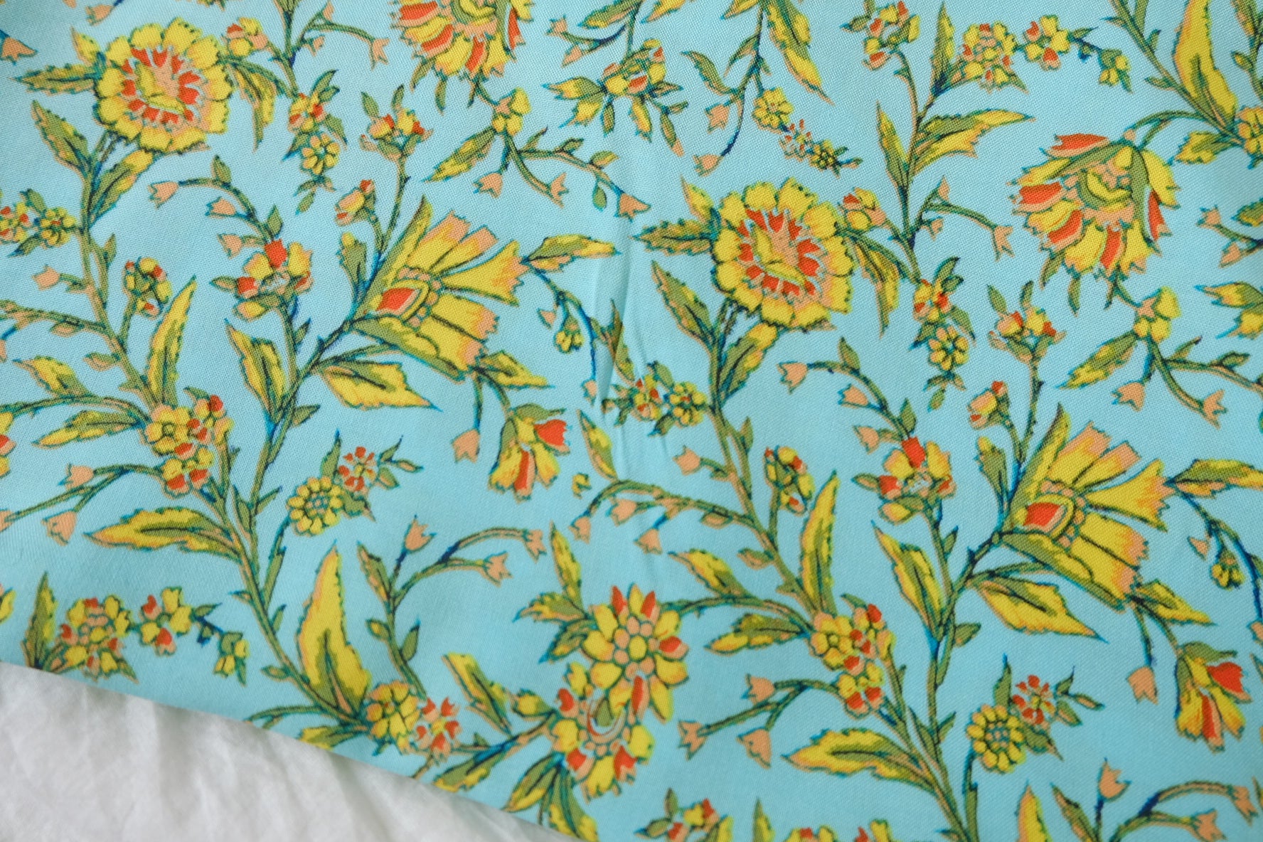 Sky Blue Floral Cotton Rayon Fabric, 3.28 Yards