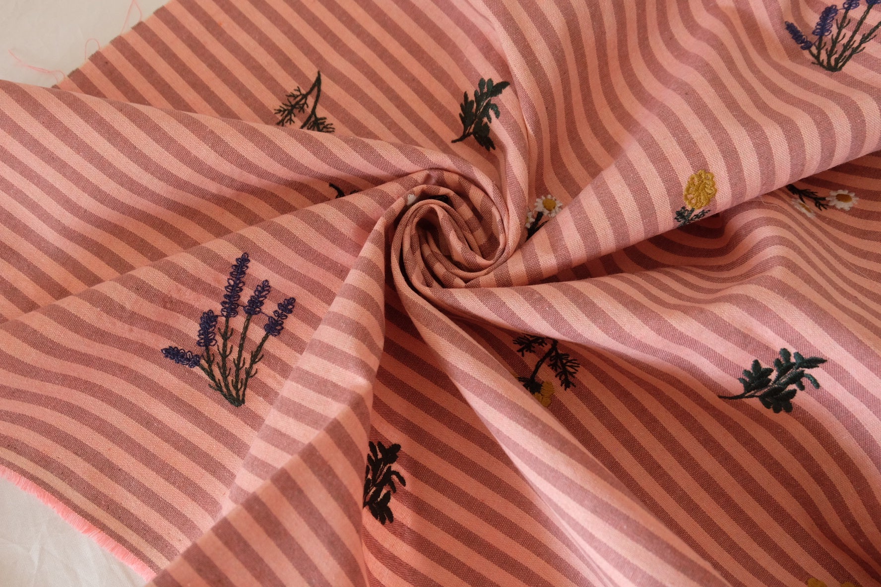 Embroidered Linen Cotton Stripe Fabric – Pink Woven Texture – 1.4 yd