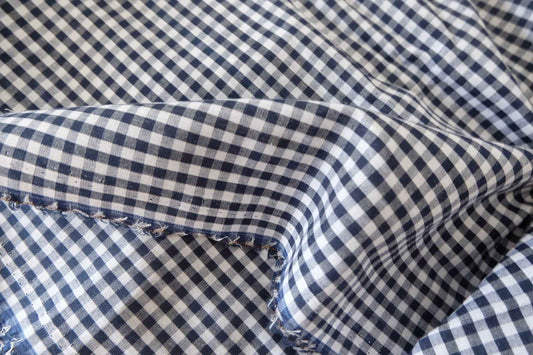 Navy Mini Gingham Cotton Linen Blend Fabric – Soft Woven Check – 3.3 yd