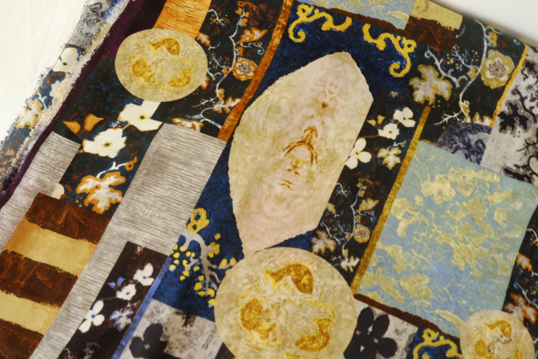 Silk-Like Rayon Satin Fabric – Artistic Patchwork Print 3 Yards