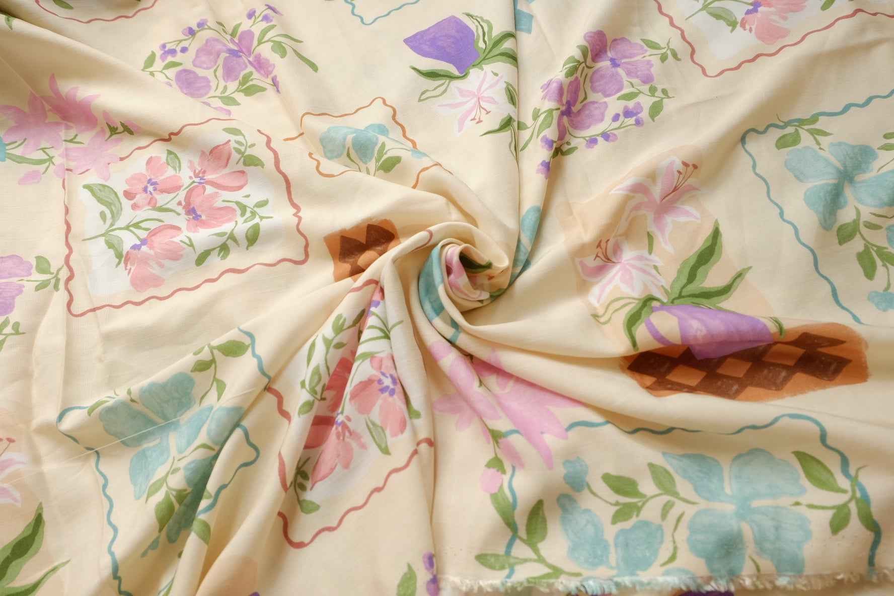 Vintage Floral Lyocell Linen Blend Fabric, Soft Summer Dress Weight, 3.28 Yards