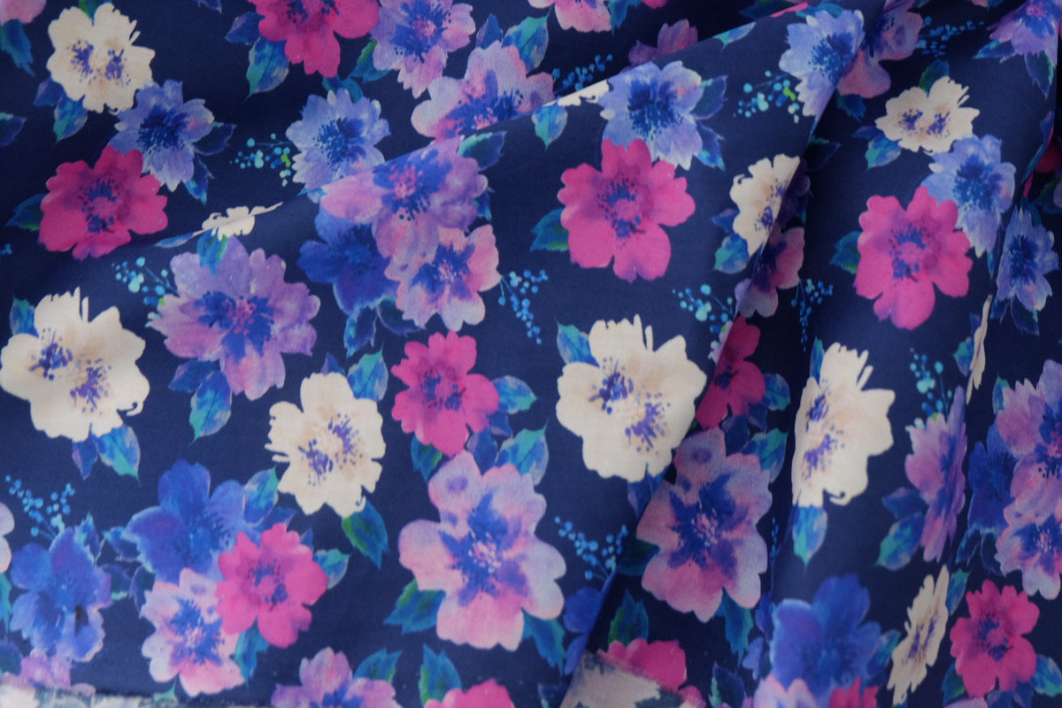 Navy Watercolor Floral Cotton Poplin – 3.3 yd