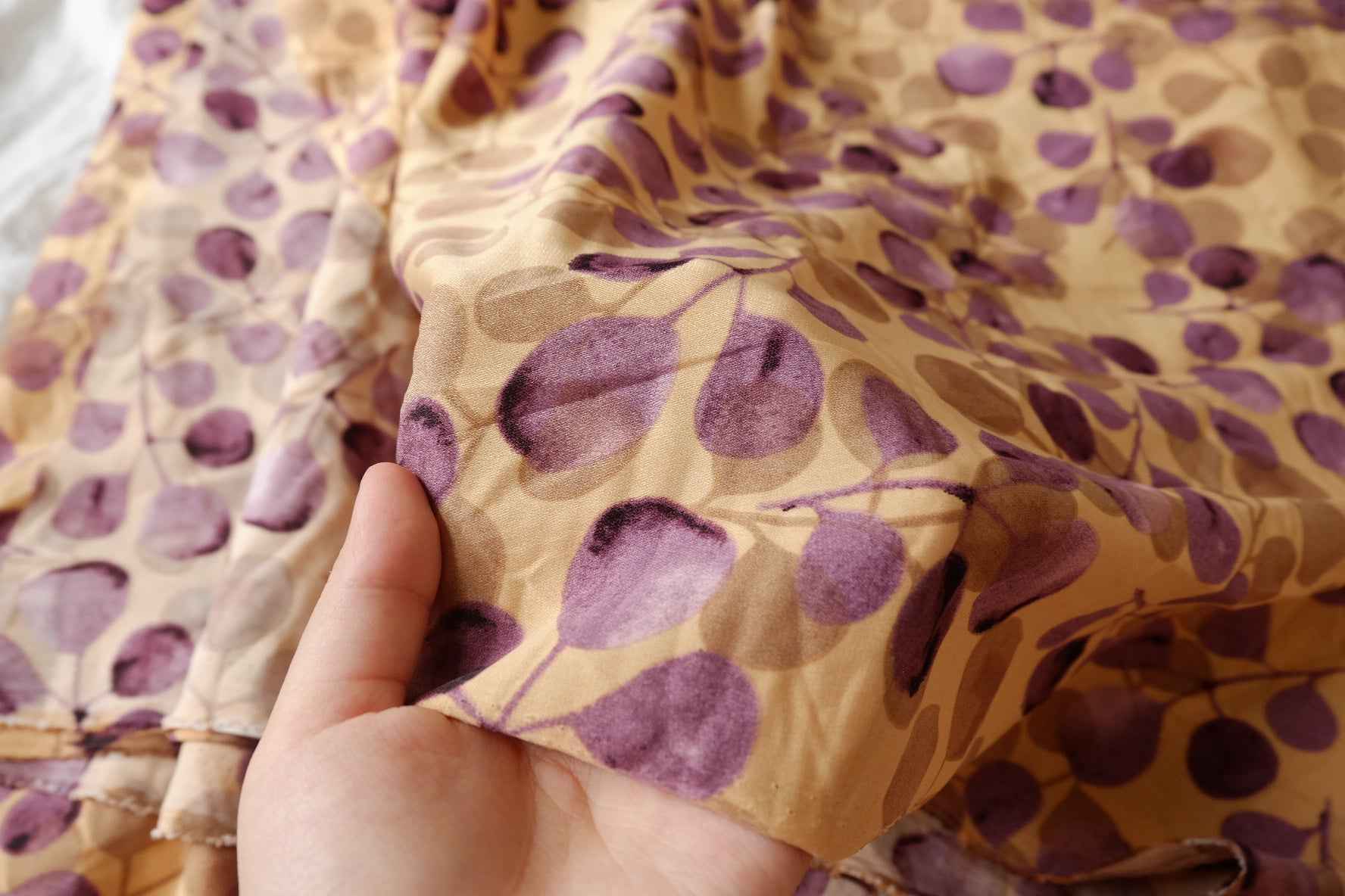 Watercolor Purple Leaf Chiffon Satin Fabric - 2.30 Yards