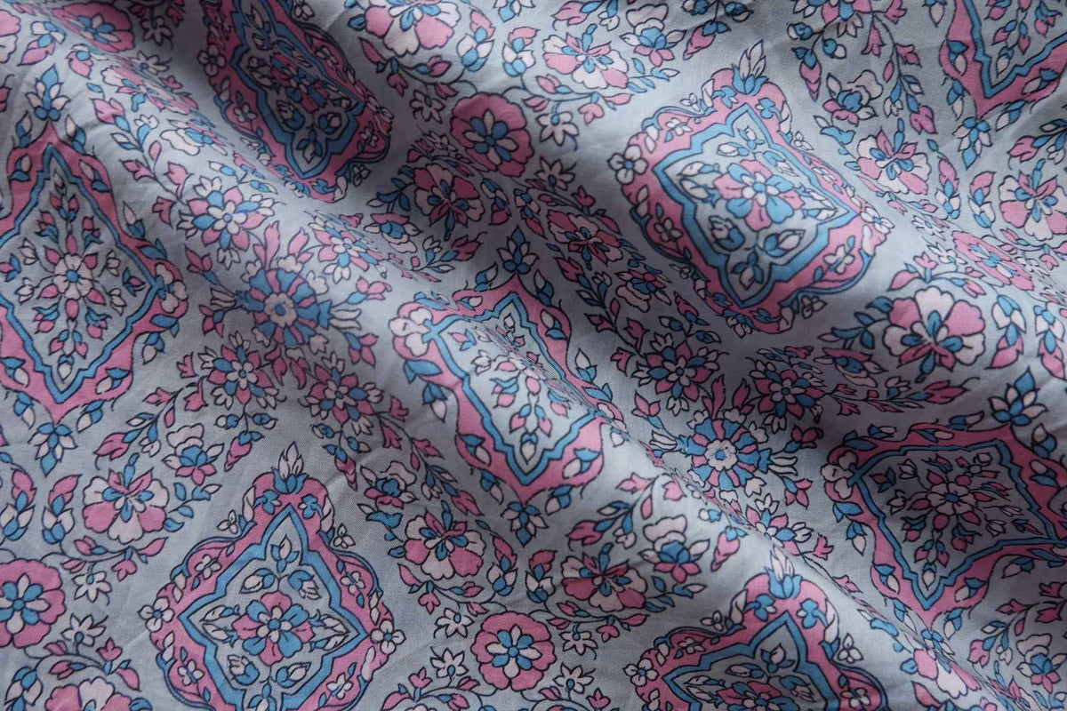 Pink & Blue Tile Floral Cotton Lawn — 2.3 yd