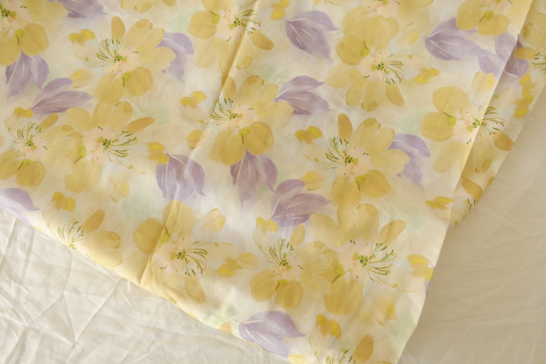 Buttercream Yellow Watercolor Floral Cotton Lawn Fabric — 3.28 yd Piece