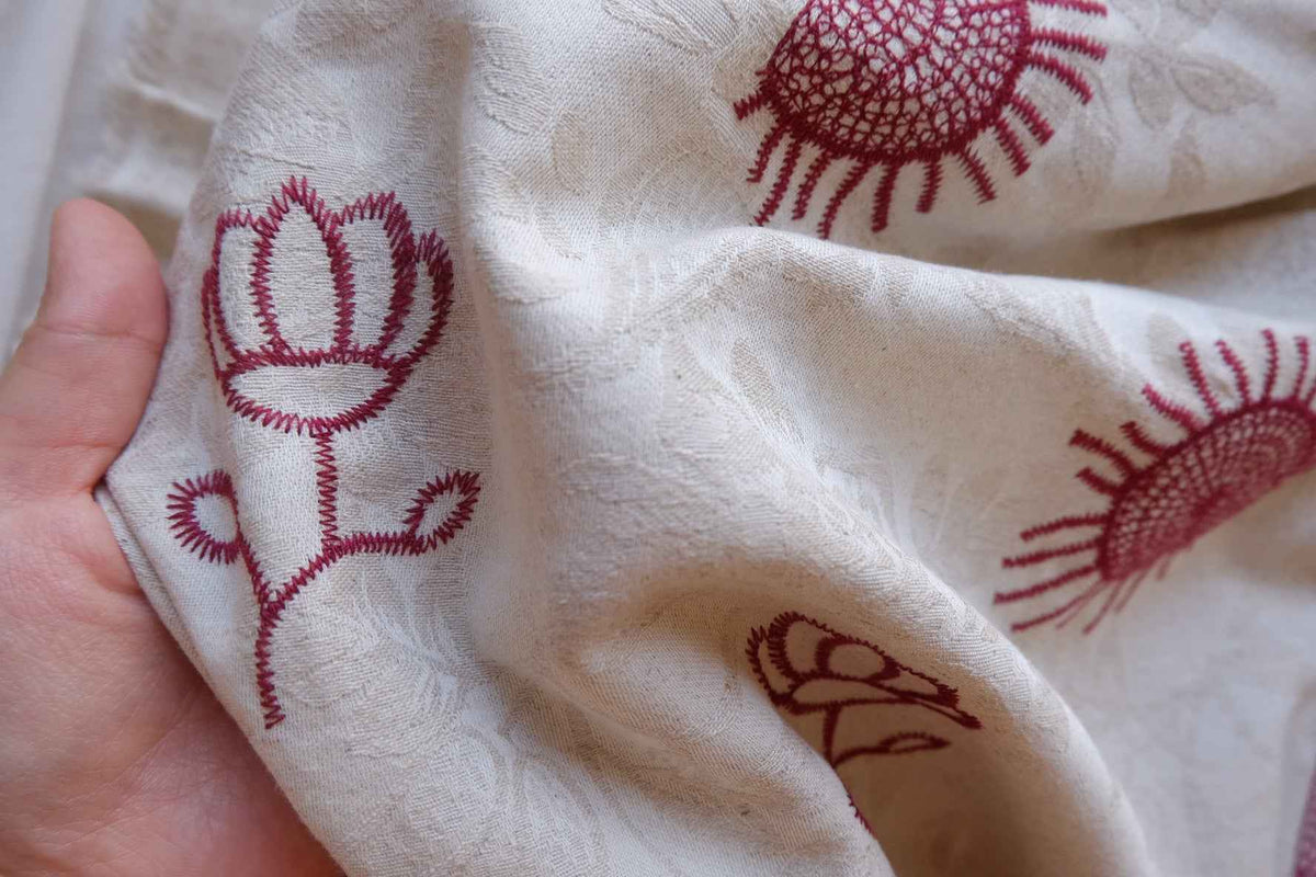 Burgundy Folk Floral Embroidered Jacquard Cotton Linen Fabric – 2.19 yd