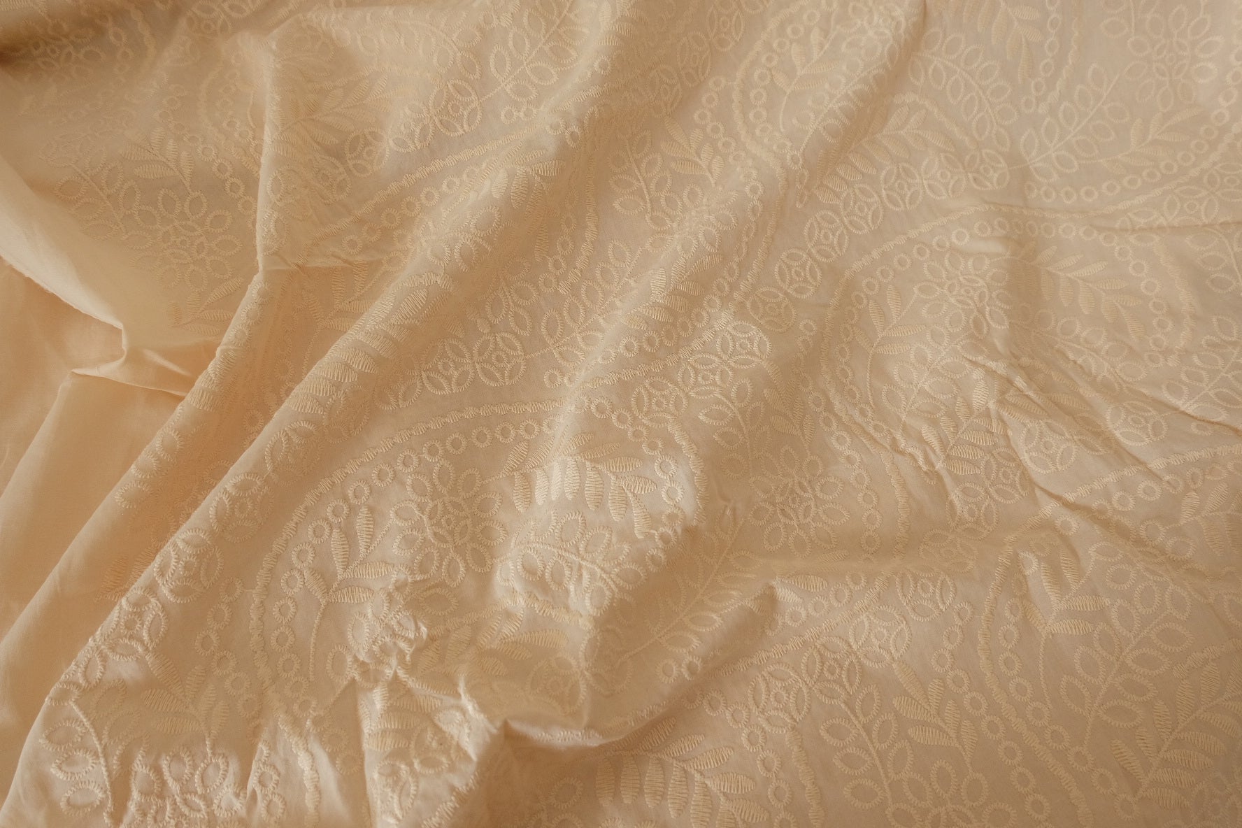 Cream Textured Embroidered Cotton Fabric – Structured Floral Paisley – 2.2 yd