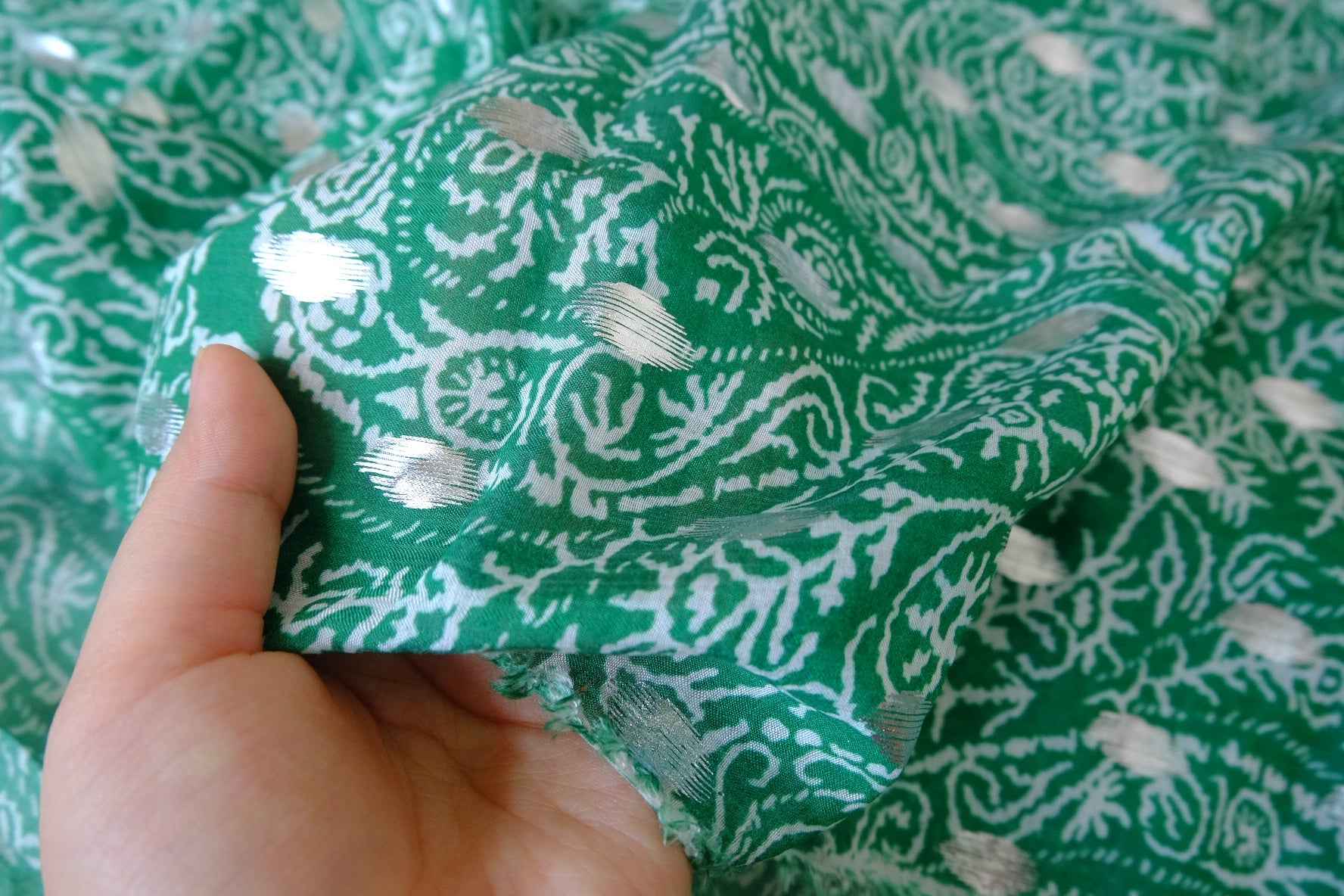 Green Metallic Paisley Rayon Challis Fabric - 2.19 yd