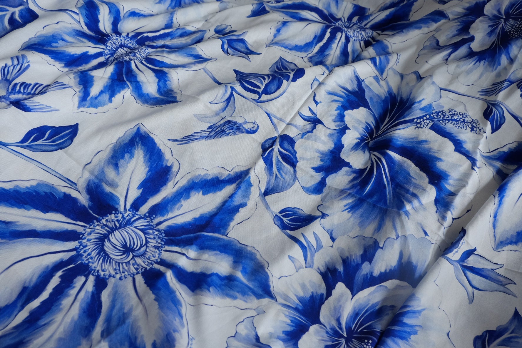 Blue Watercolor Floral Linen Deadstock Fabric - 2.73 yd