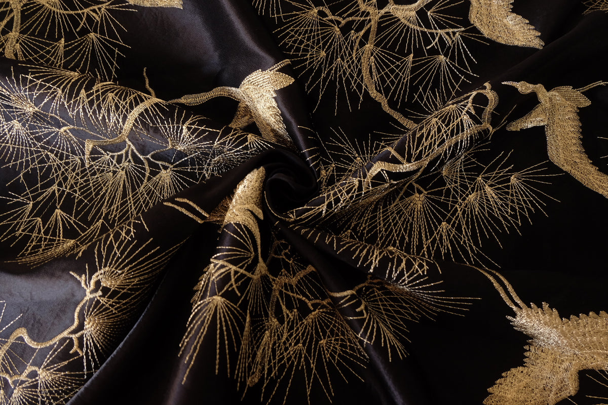 Golden Cranes & Pine Embroidered Acetate Viscose Satin – 2.19 yd