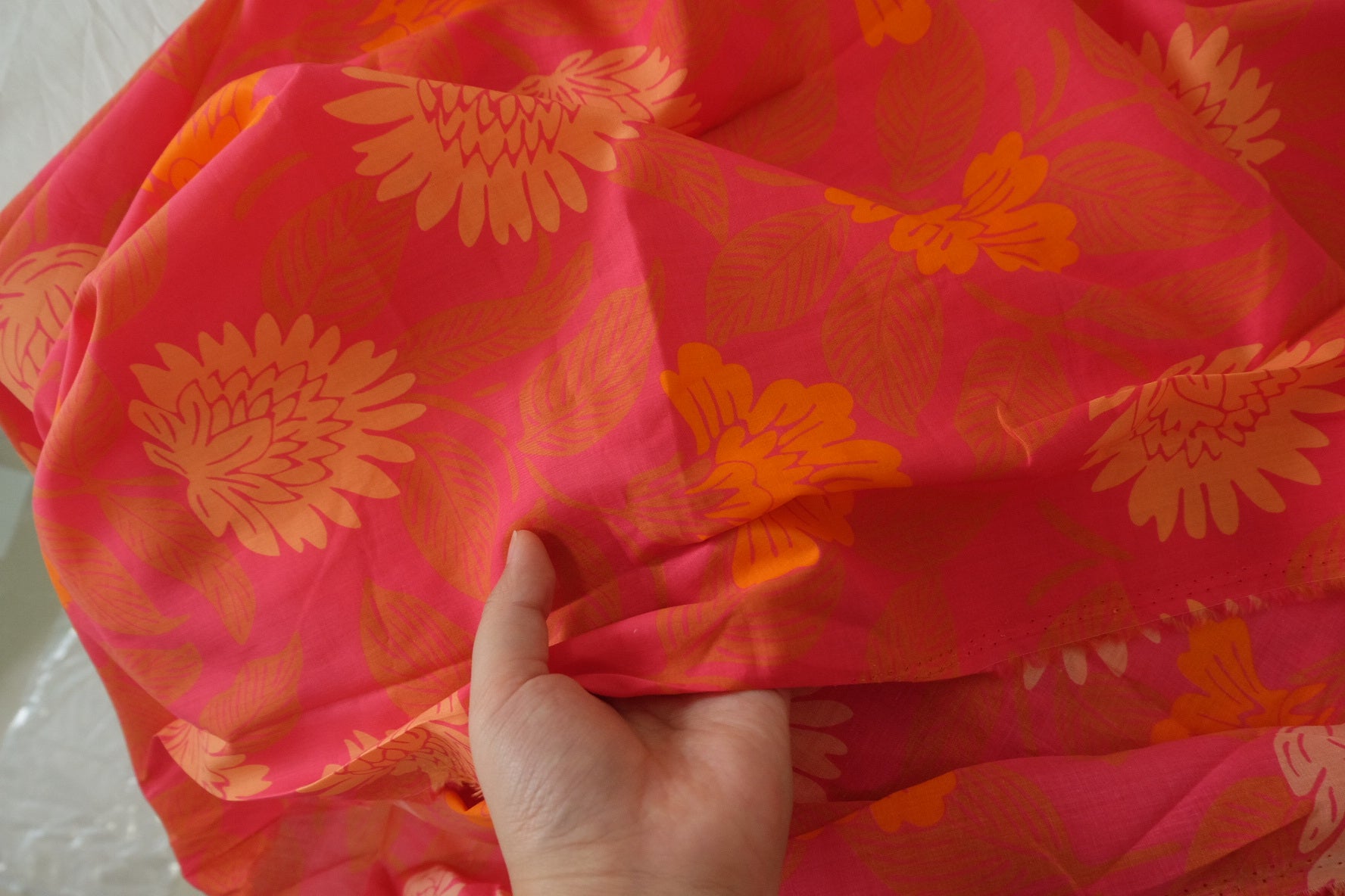 Hot Pink Orange Floral Lightweight Cotton Fabric - 2.1 yd