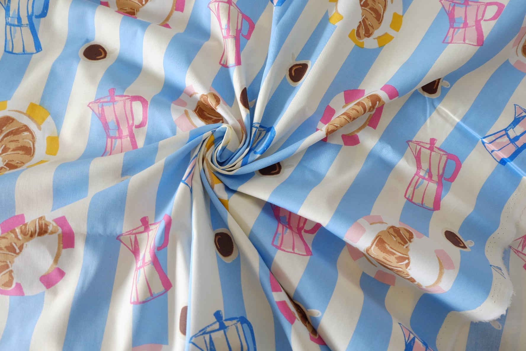 Breakfast Stripe Cotton Lawn Fabric – Croissant & Coffee Print – 1.64 yd or 2.19 yd