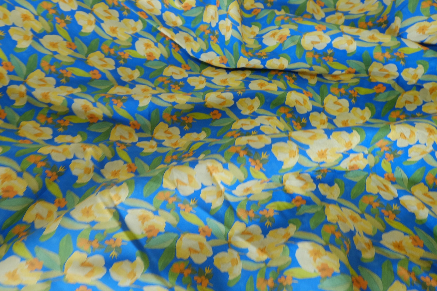 Blue Yellow Floral Cotton Lawn Fabric – 2.2 yd