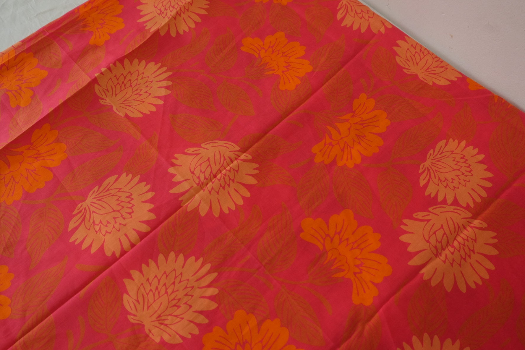 Hot Pink Orange Floral Lightweight Cotton Fabric - 2.1 yd