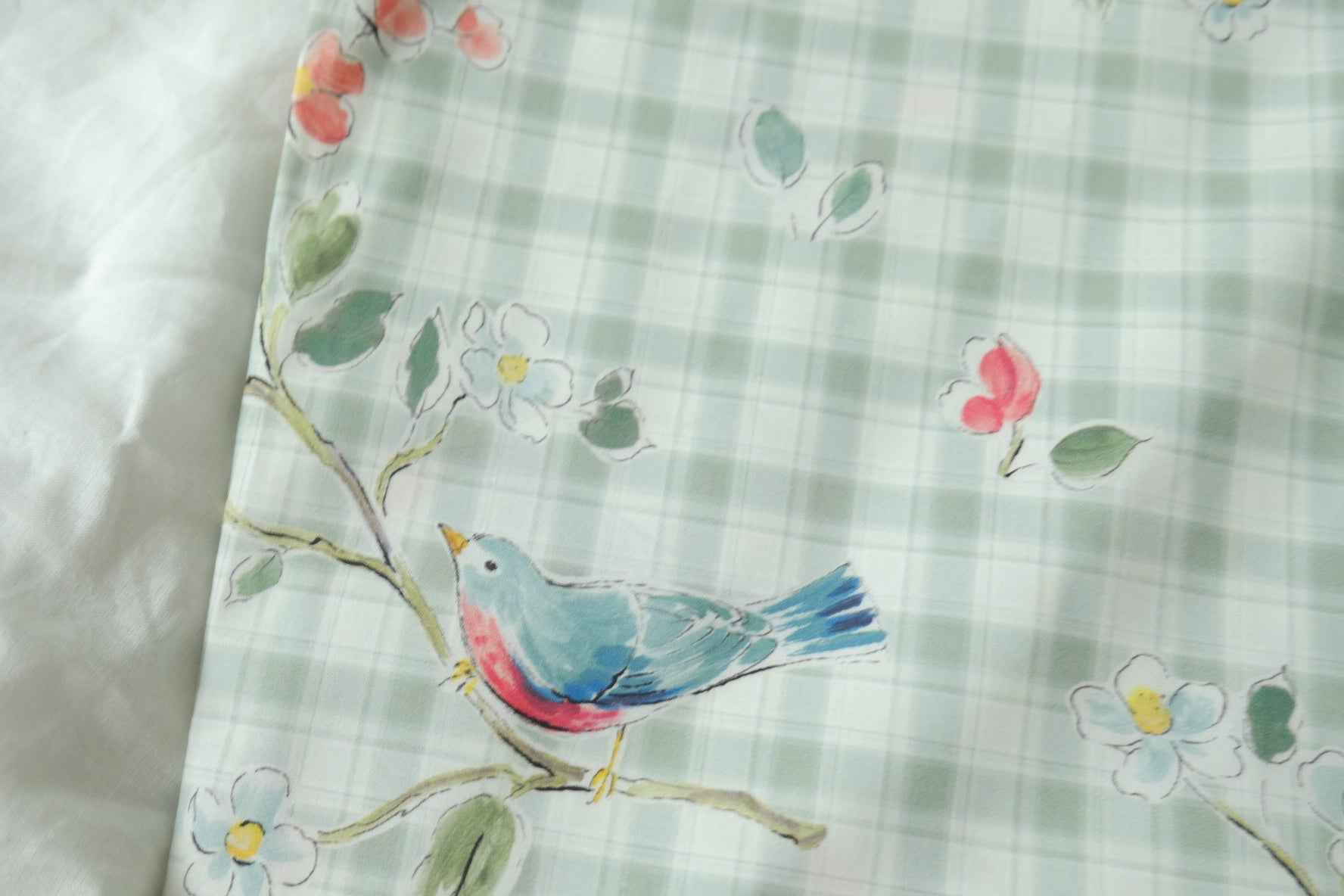 Sage Plaid Bird Floral Cotton Poplin Fabric, Lightweight Smooth Cotton, 3.28 Yards