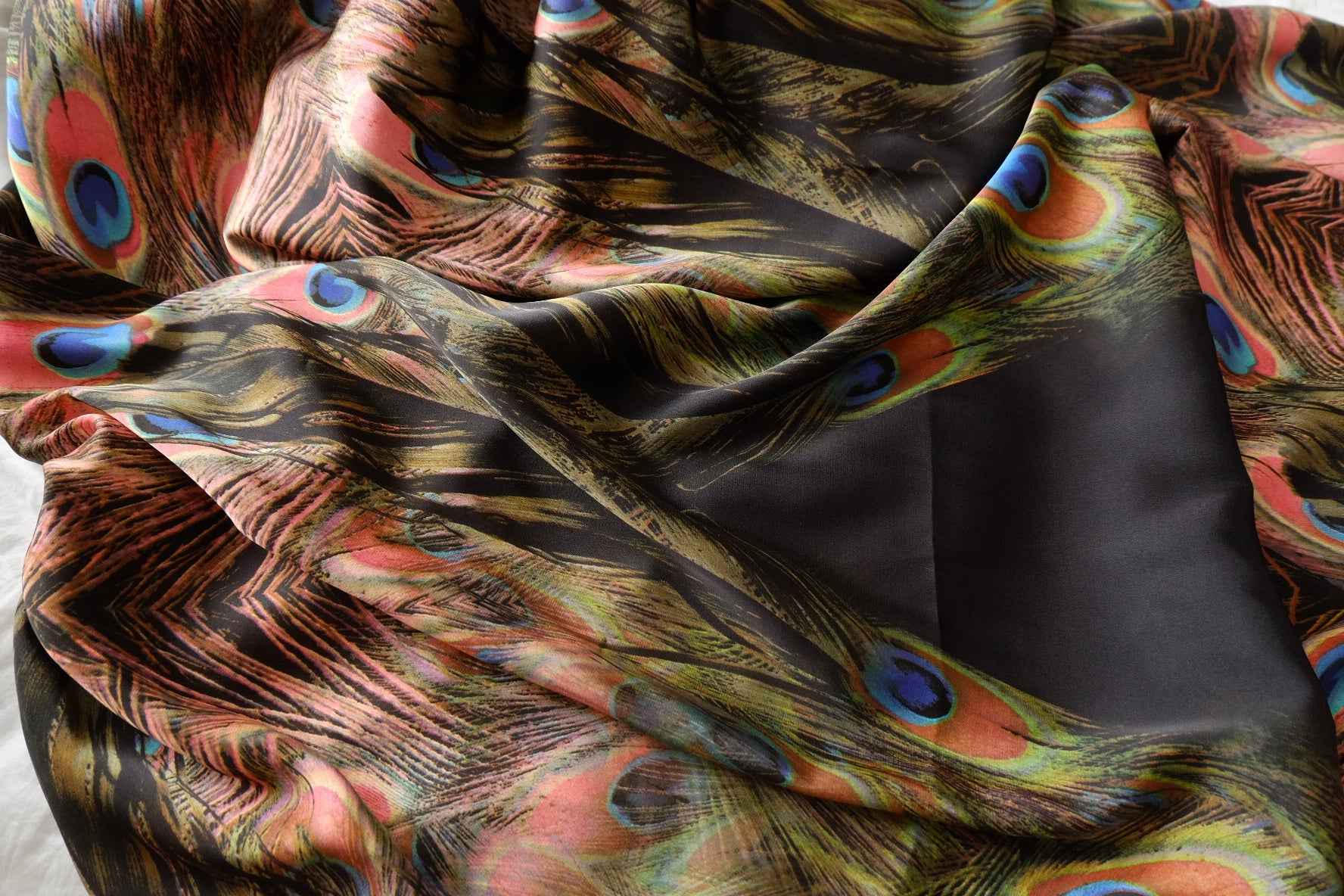 Peacock Feather Border Print Satin Fabric - 0.9 Yards