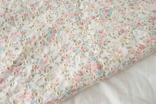 Floral Eyelet Embroidered Cotton Fabric, Soft Crisp Blouse Weight, 1.91 Yards