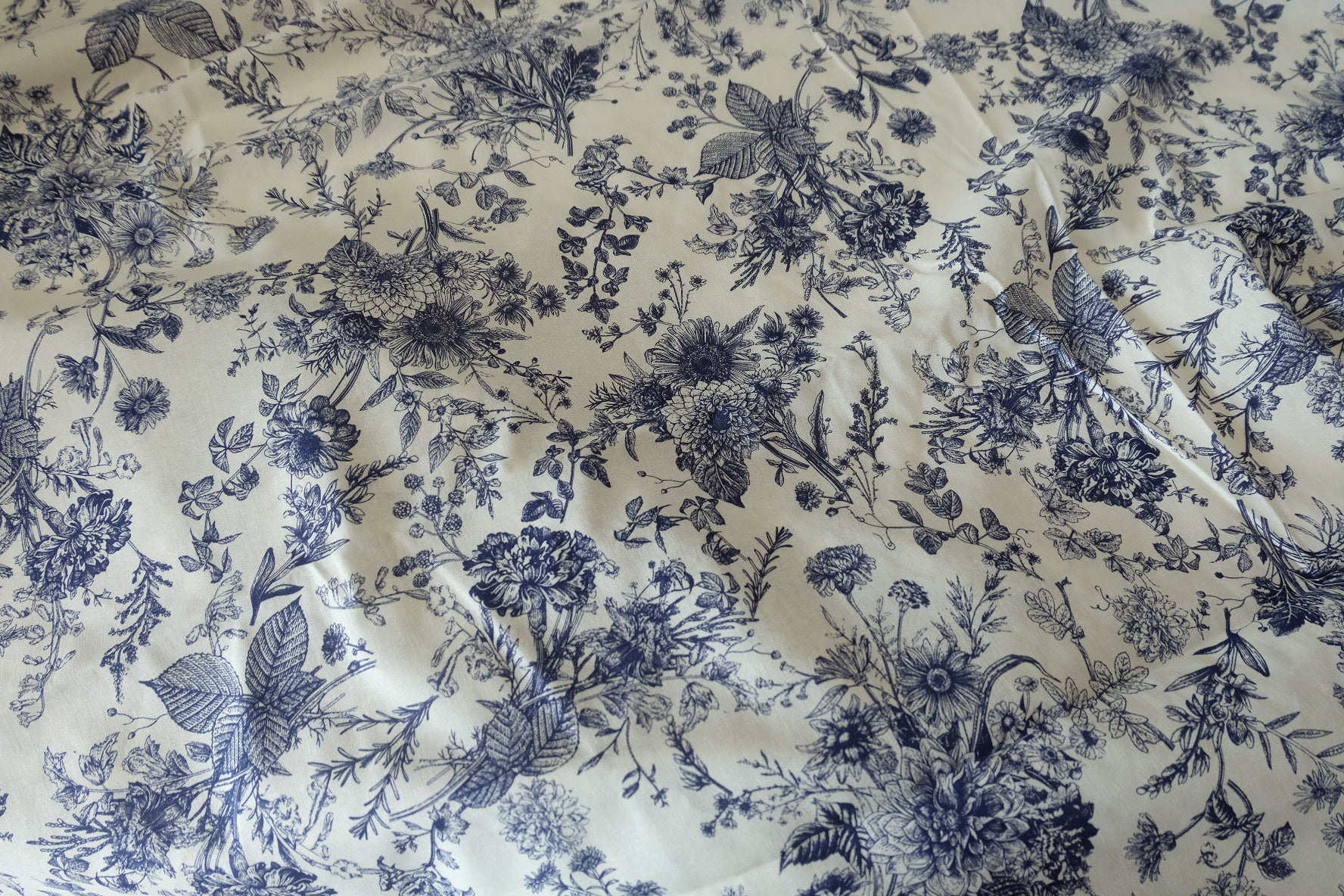 Vintage Botanical Sketch Cotton Fabric – Blue & White Floral Print – 3.3 yd