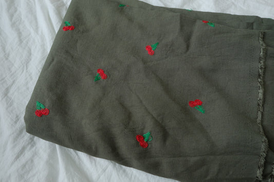 Cherry Embroidered Linen Cupro Blend Fabric, 2.19 Yards