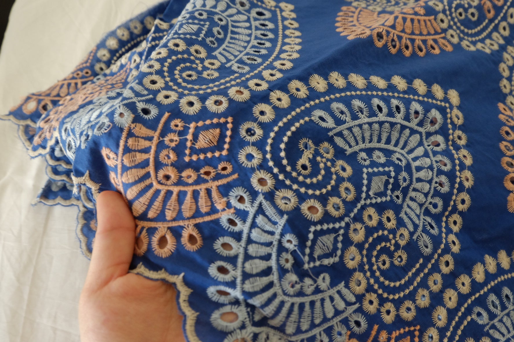 Heavy Embroidered Cotton Fabric – Blue Geometric Boho Design – 3.1 yd