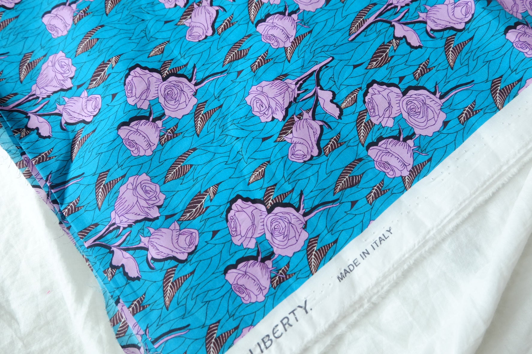 Teal Purple Rose Cotton Lawn Fabric - 2.30 yd