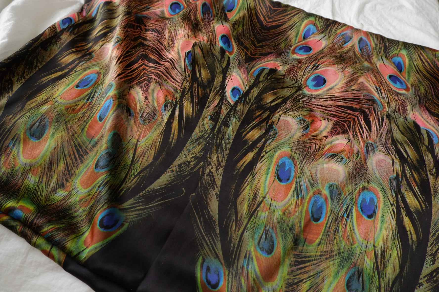 Peacock Feather Border Print Satin Fabric - 0.9 Yards