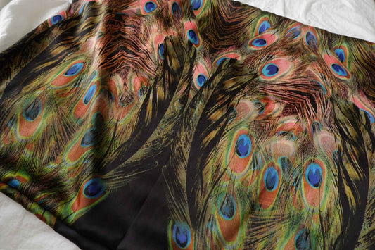Peacock Feather Border Print Satin Fabric - 0.9 Yards