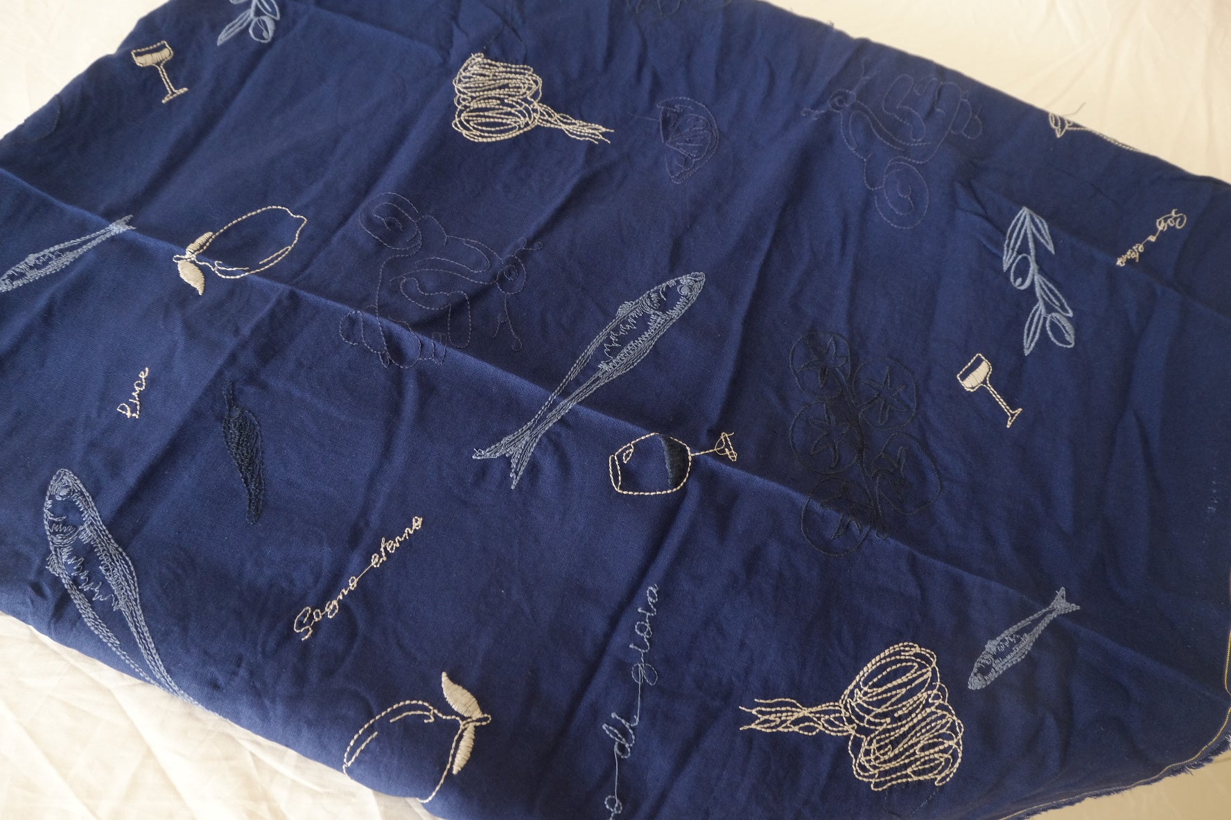 Midnight Navy Seaside Still Life Embroidered Pure Linen Fabric – 1.64 yd Piece