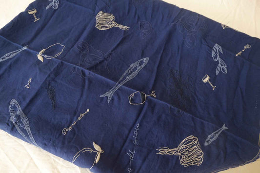 Midnight Navy Seaside Still Life Embroidered Pure Linen Fabric – 1.64 yd Piece