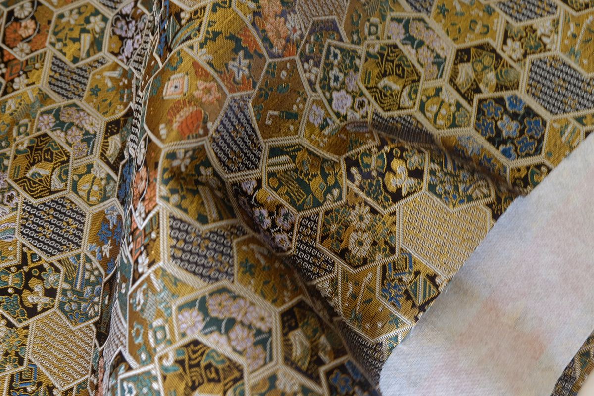 Antique Gold Hexagon Floral Brocade Fabric – 2.2 yd