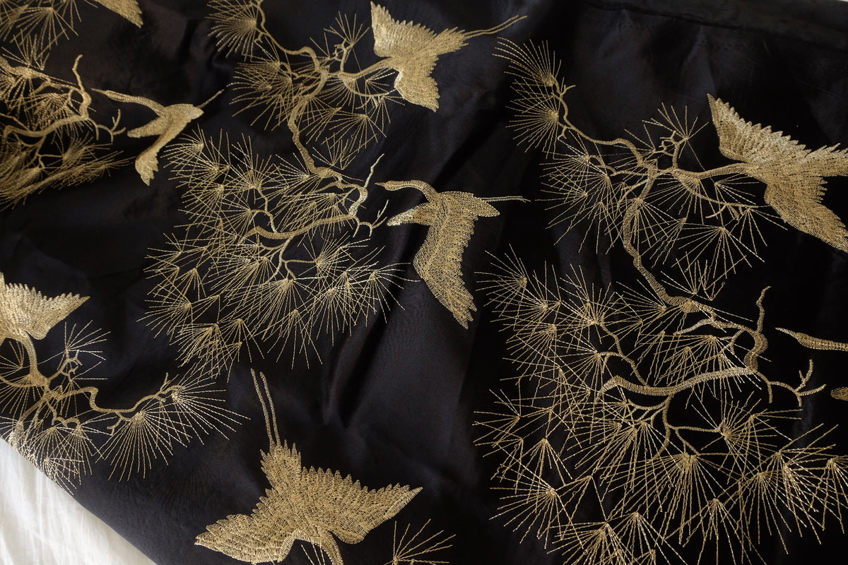 Golden Cranes & Pine Embroidered Acetate Viscose Satin – 2.19 yd