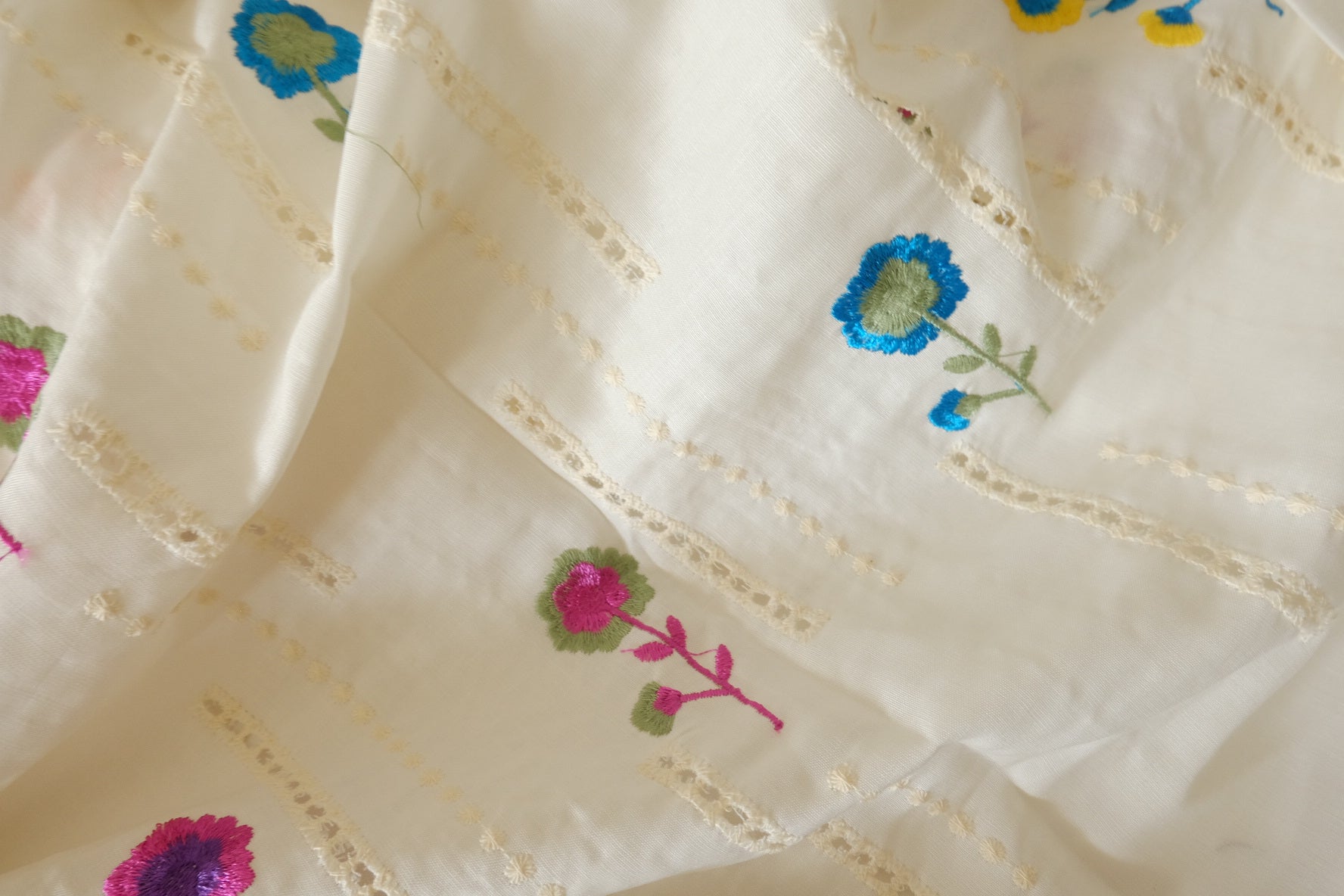 Embroidered Cotton Linen Fabric – Cream Ground with Colorful Floral Motifs – 1.6 yd
