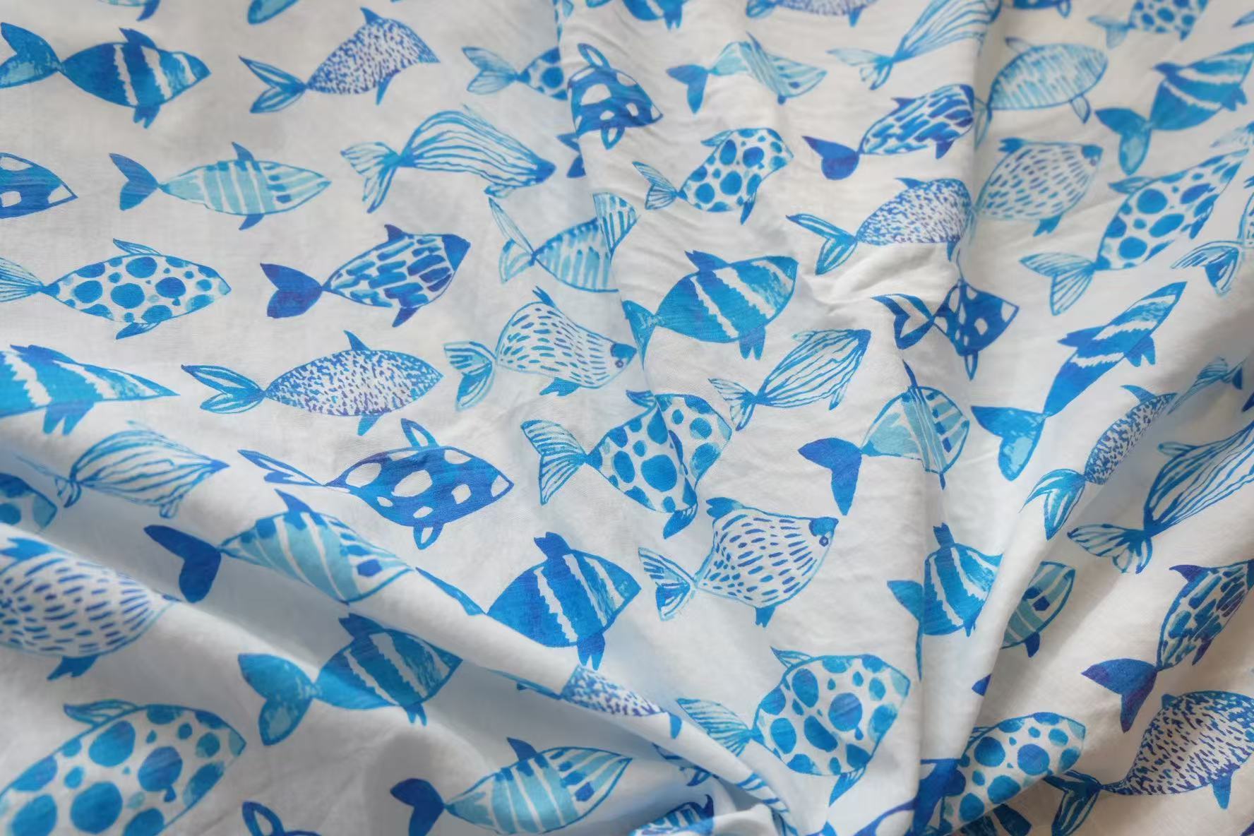Blue Fish Print Cotton – 2.2 Yards