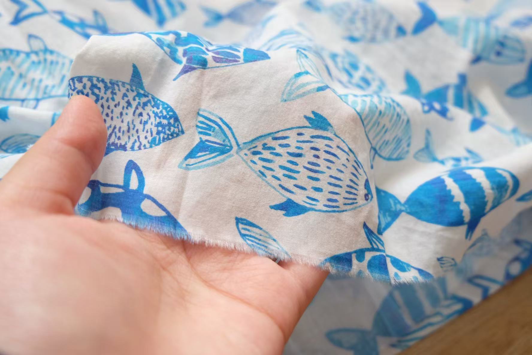 Blue Fish Print Cotton – 2.2 Yards
