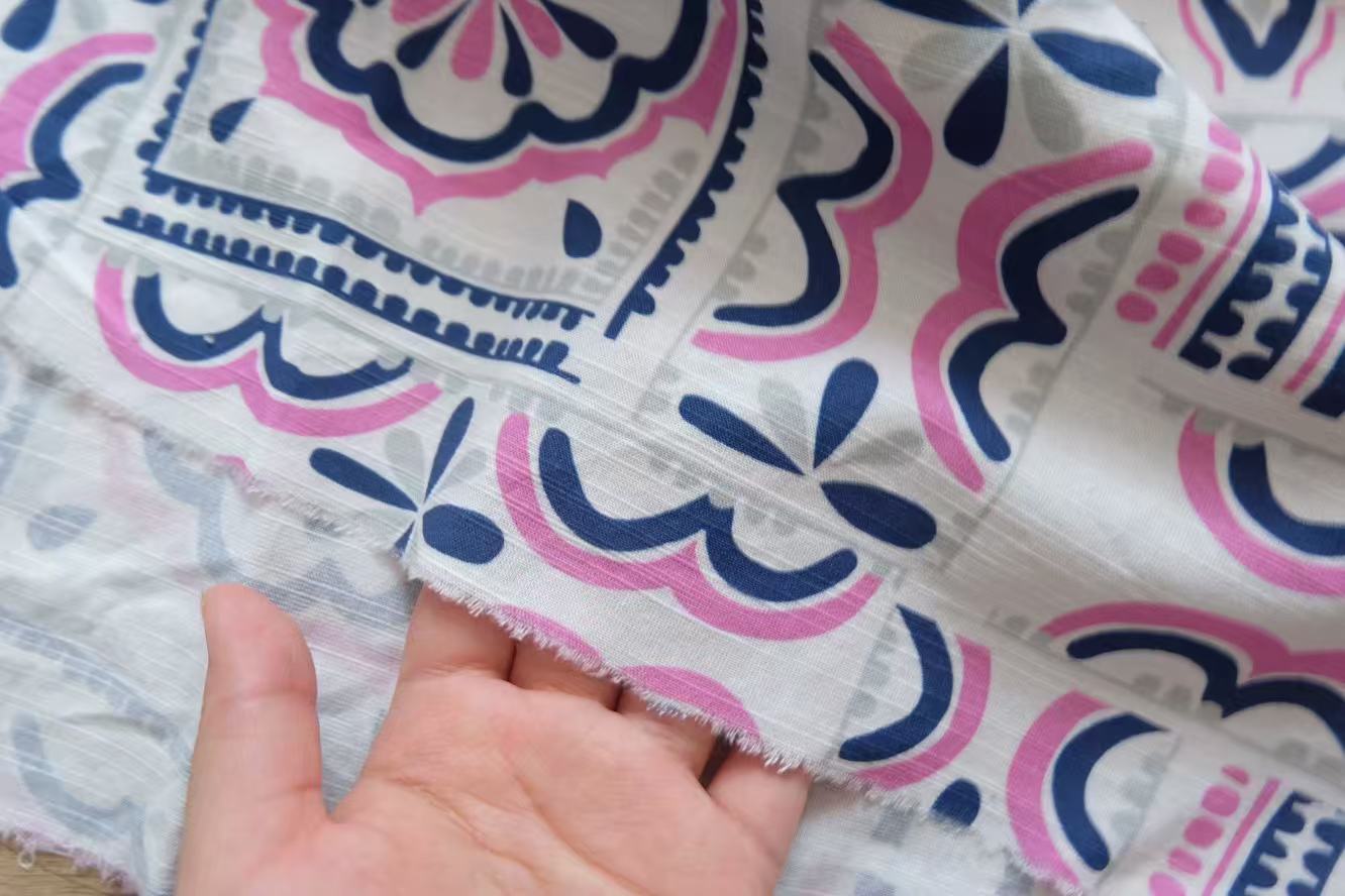 Pink & Blue Tile Print Cotton Linen – 1.5 Yards