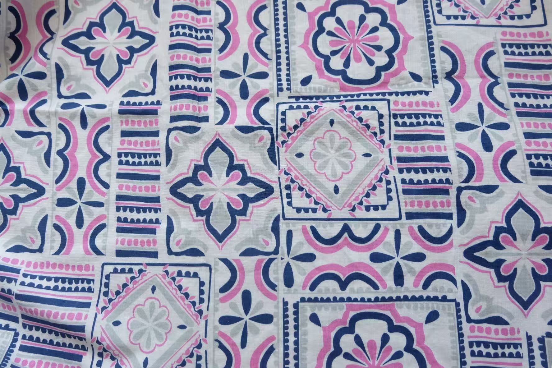 Pink & Blue Tile Print Cotton Linen – 1.5 Yards