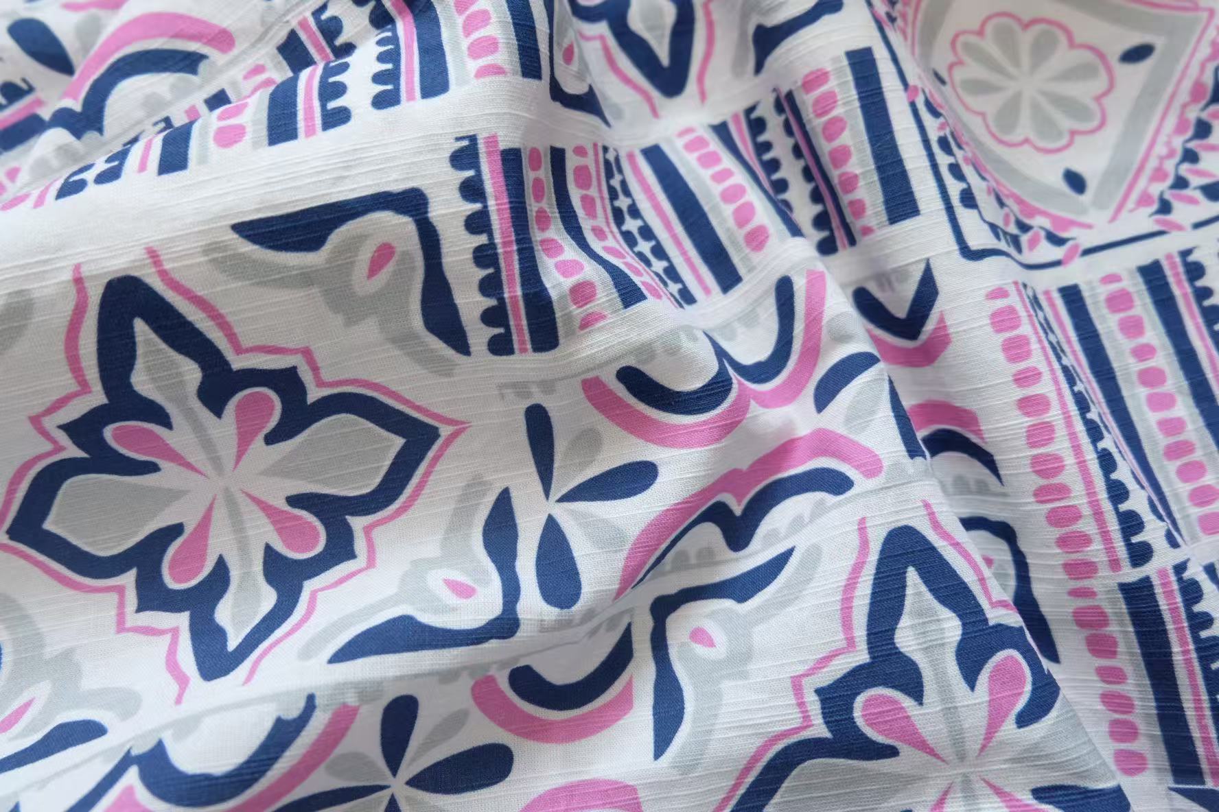 Pink & Blue Tile Print Cotton Linen – 1.5 Yards