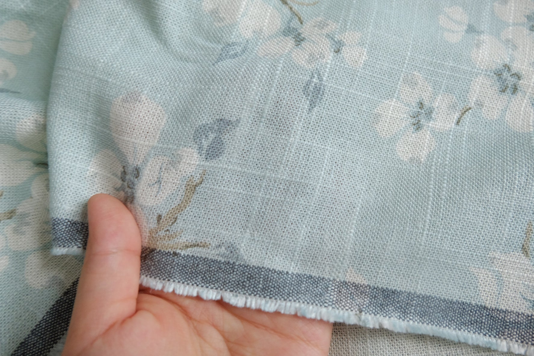 Pale Blue Floral Heavyweight Linen Fabric - 1.64 yd