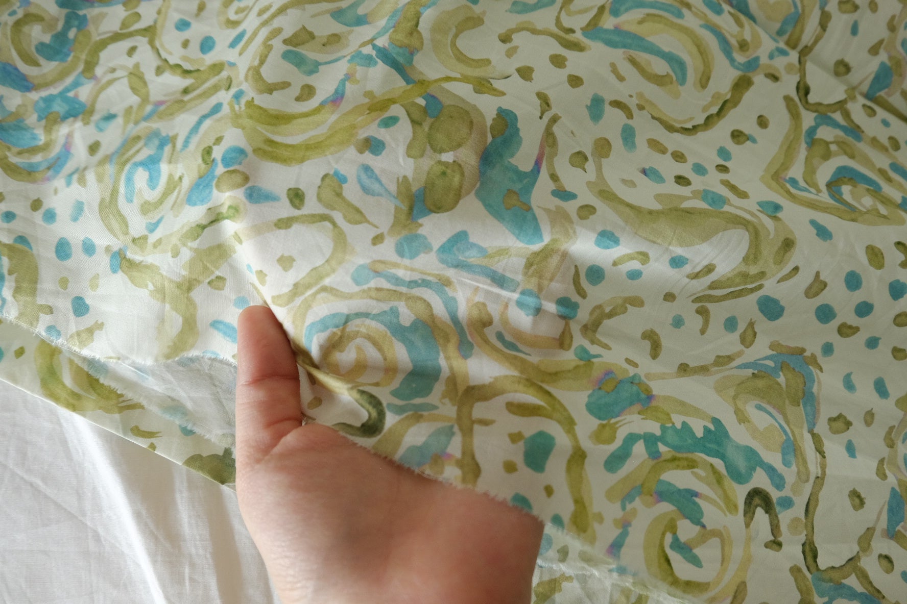 Aqua & Olive Abstract Cotton Poplin – 2.19 yd