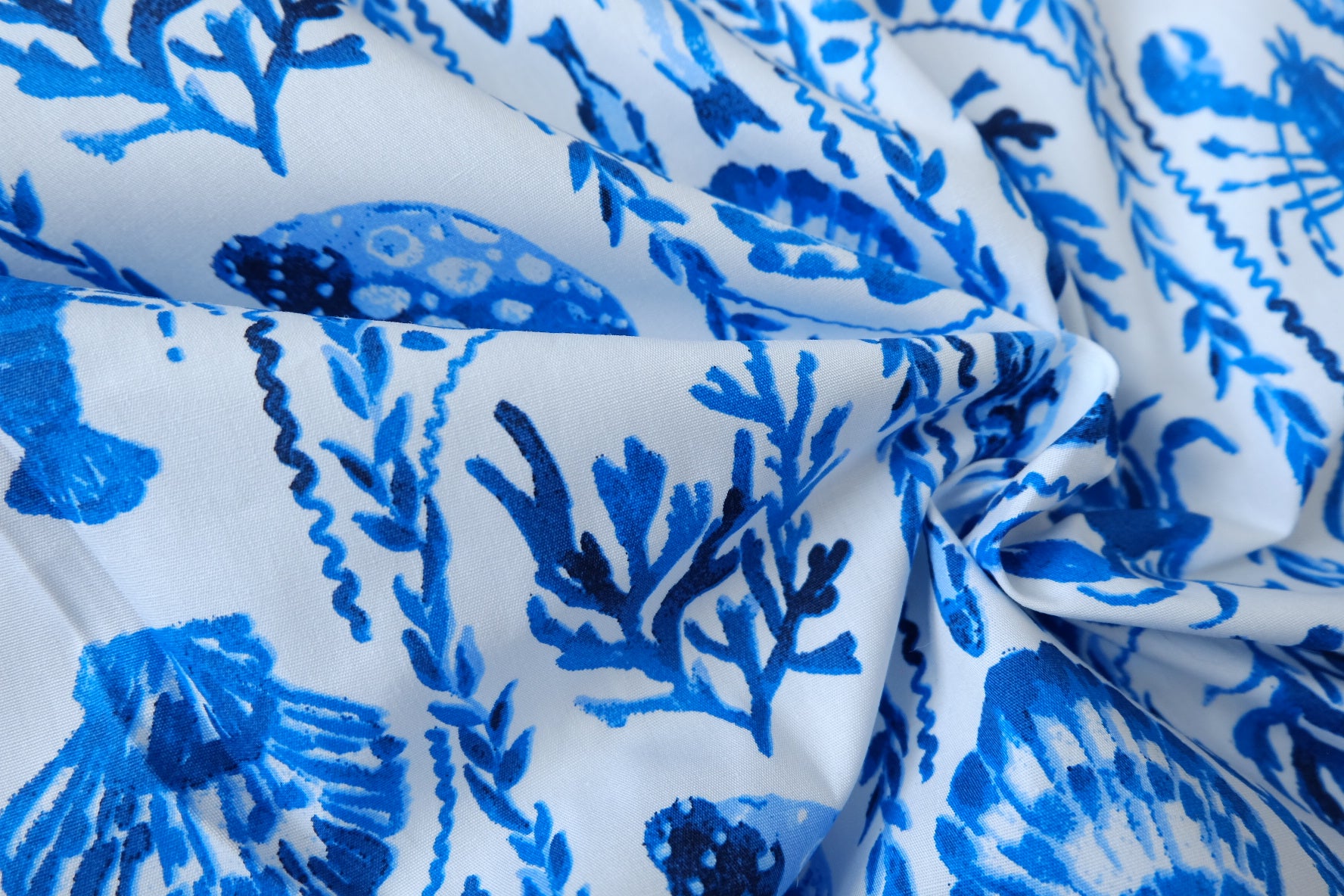Blue Coastal Print Cotton Poplin Fabric, 3.28 Yards