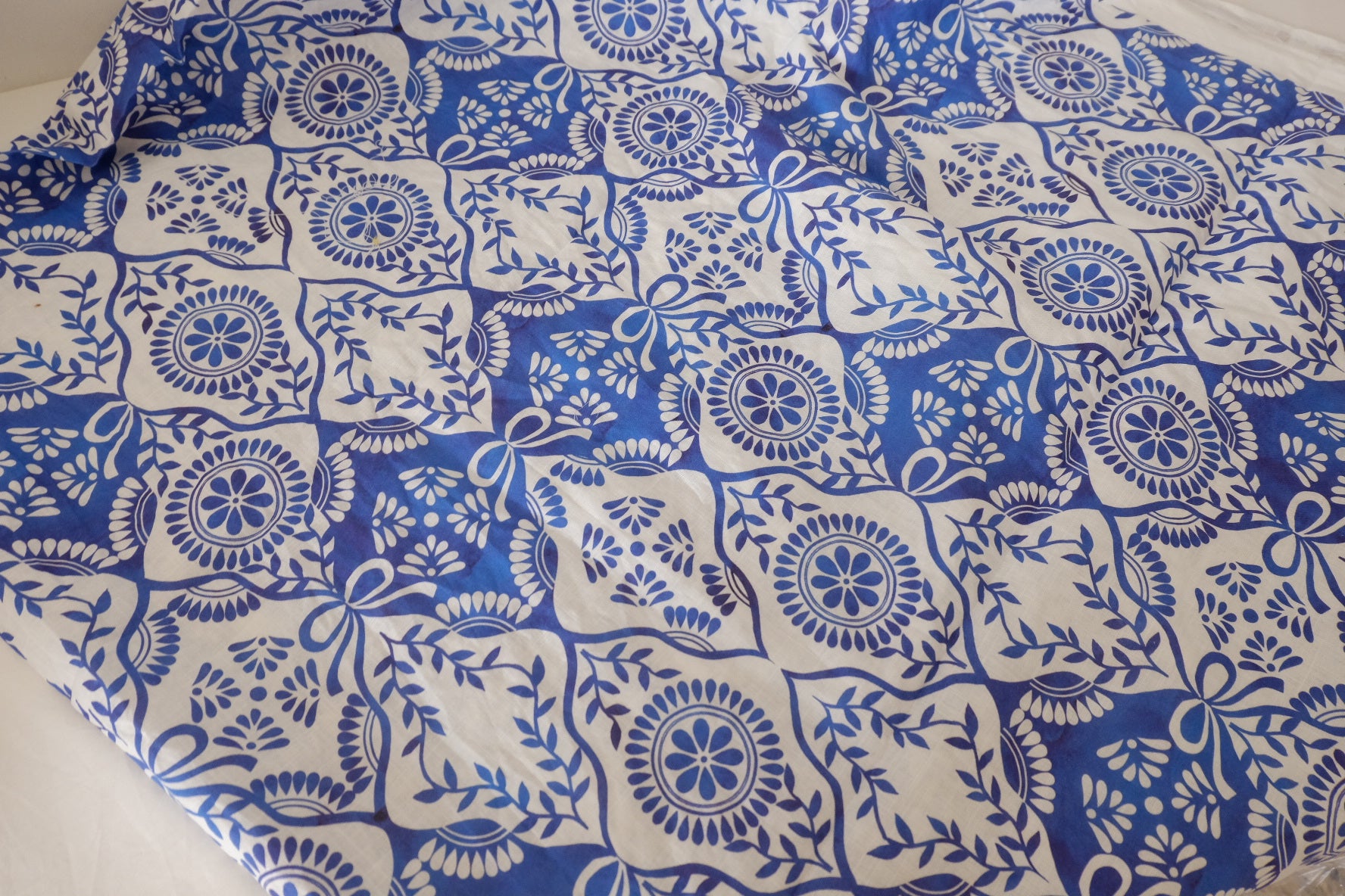 Blue Geometric Floral Cotton Linen Blend Fabric – 1.7 yd