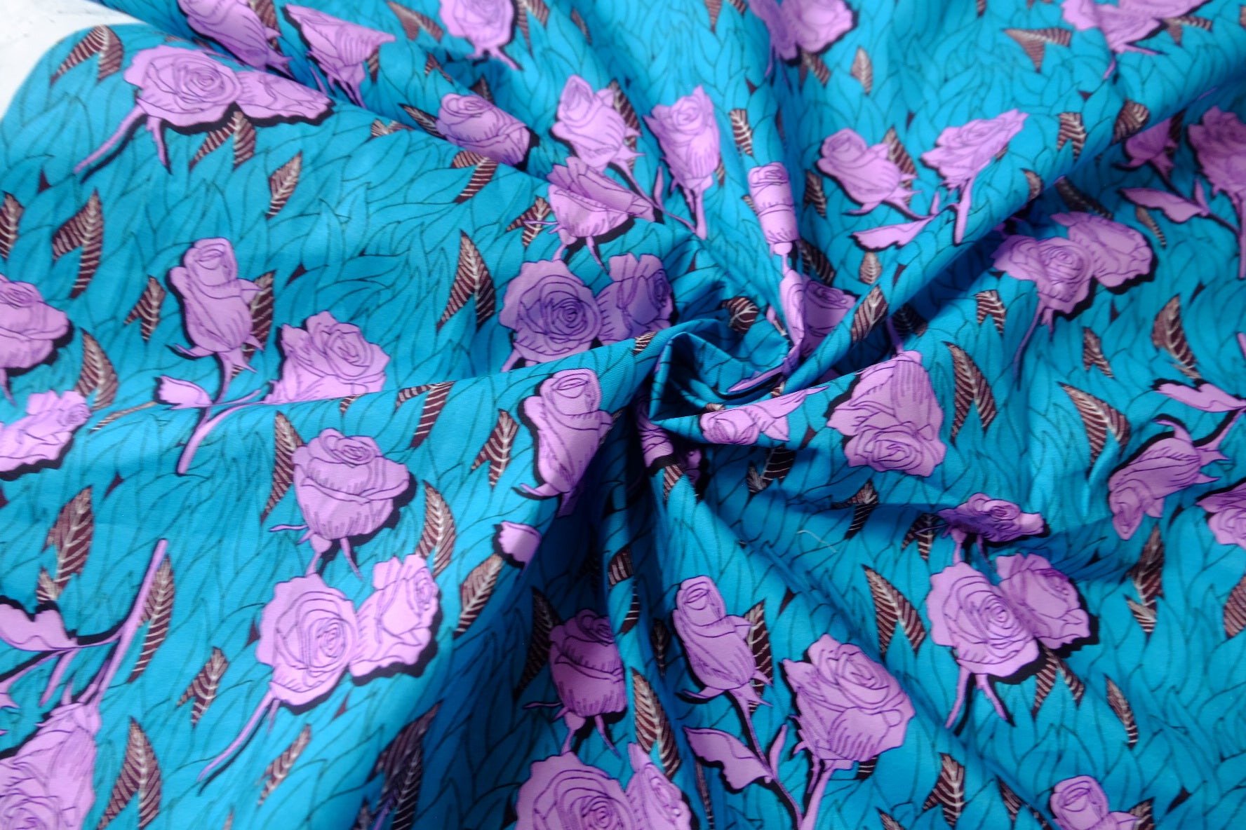 Teal Purple Rose Cotton Lawn Fabric - 2.30 yd