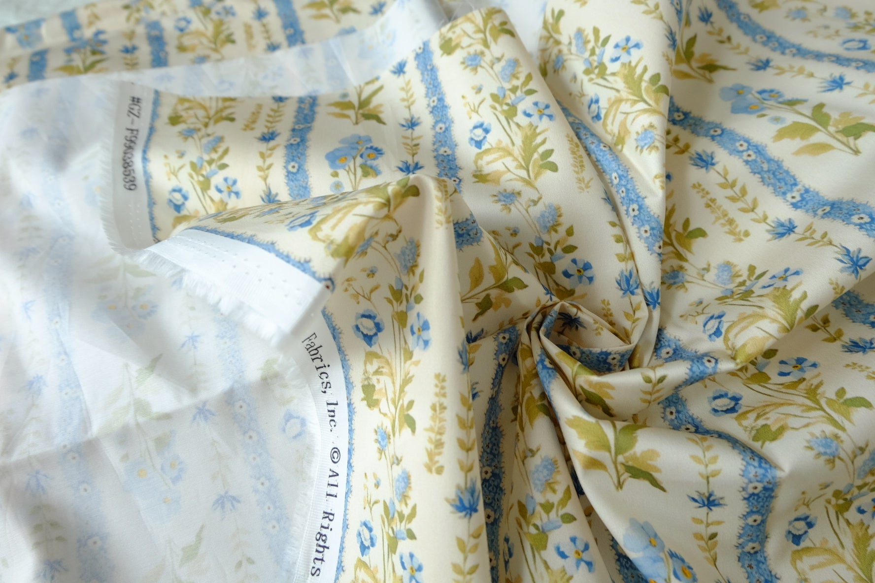 Blue Floral Stripe Cotton Sateen, 2.2 Yards