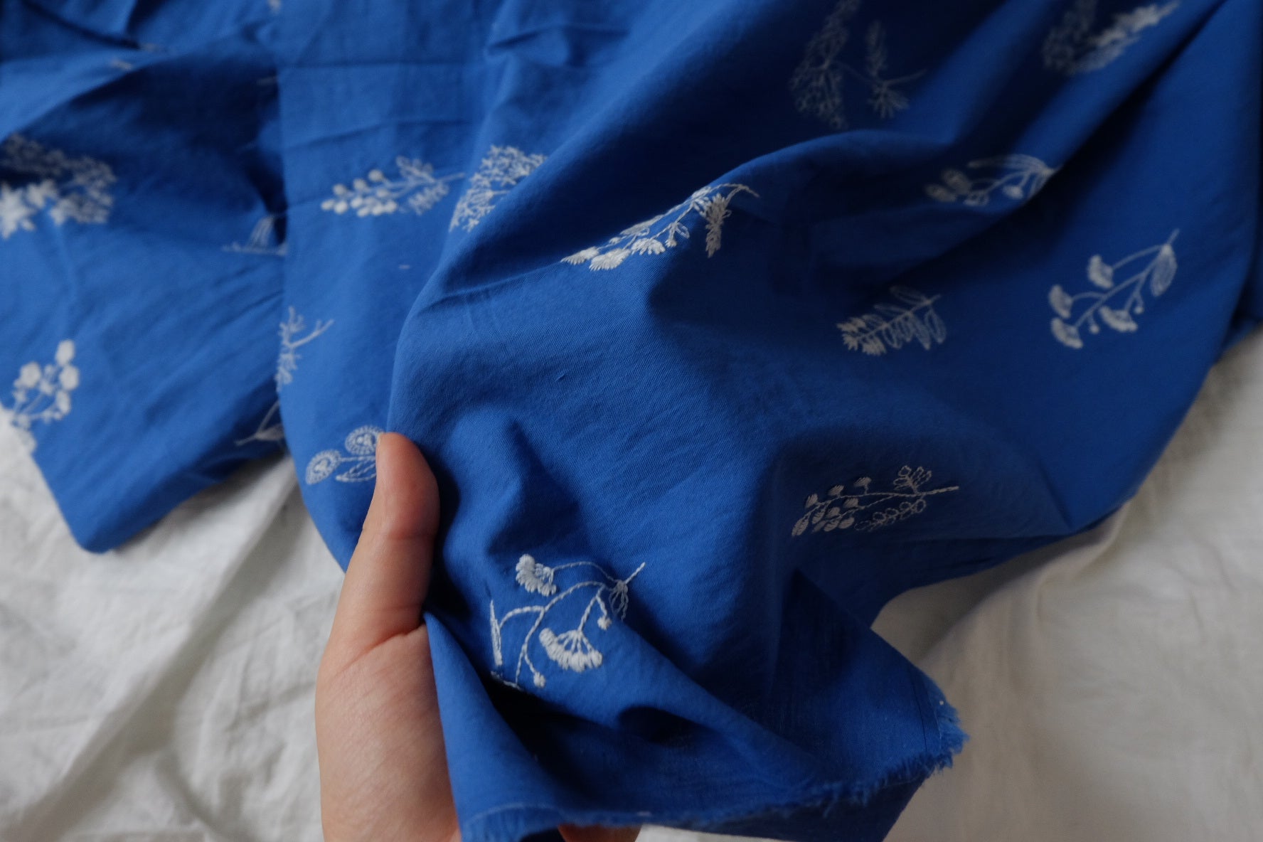 Blue Floral Embroidered Cotton Fabric — 1.64 yd