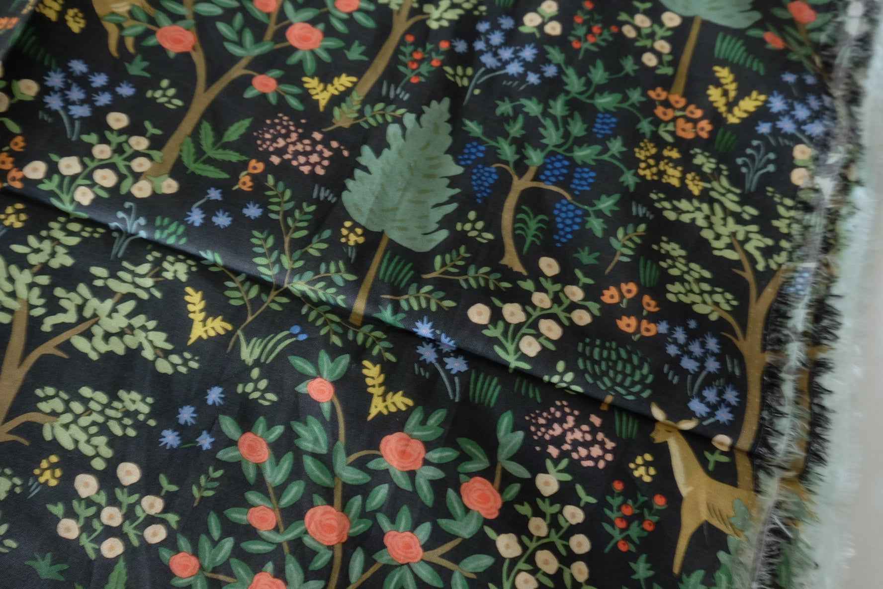 Dark Woodland Garden Cotton Voile Fabric – Storybook Floral & Nature Print – 2.2 yd