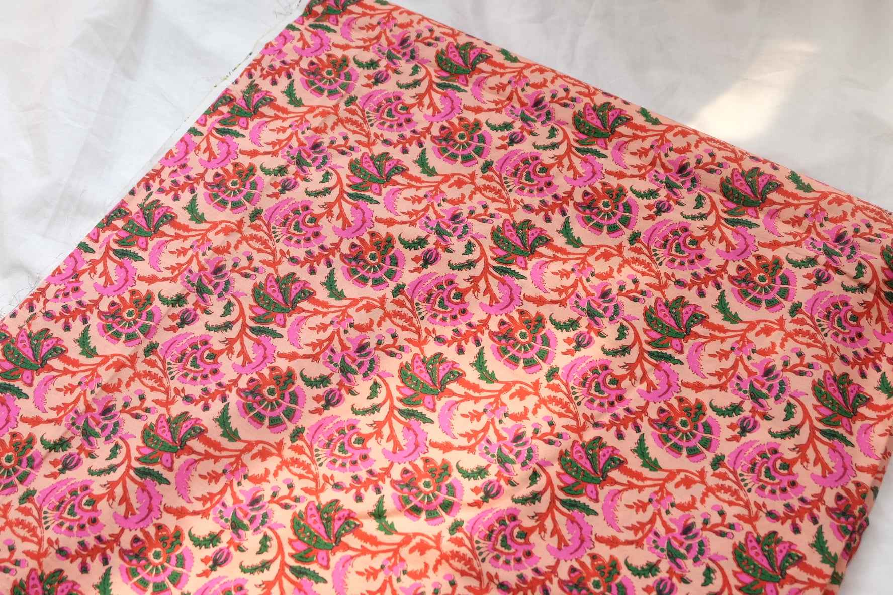 Peach Indian Floral Cotton Poplin Fabric, 60s Cotton Shirting Weight, 3.06 Yards
