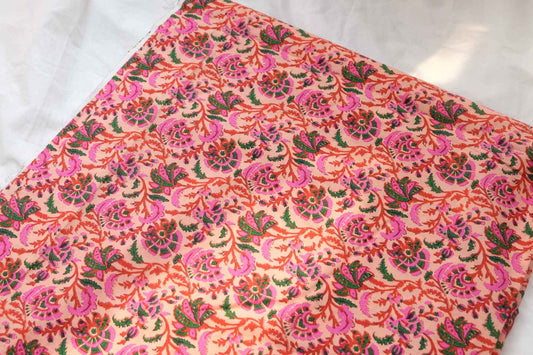 Peach Indian Floral Cotton Poplin Fabric, 60s Cotton Shirting Weight, 3.06 Yards